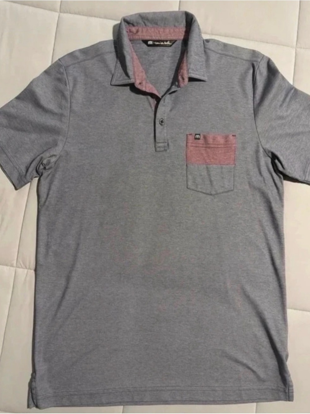 TravisMathew Heather Gray Polo with Pink Accent